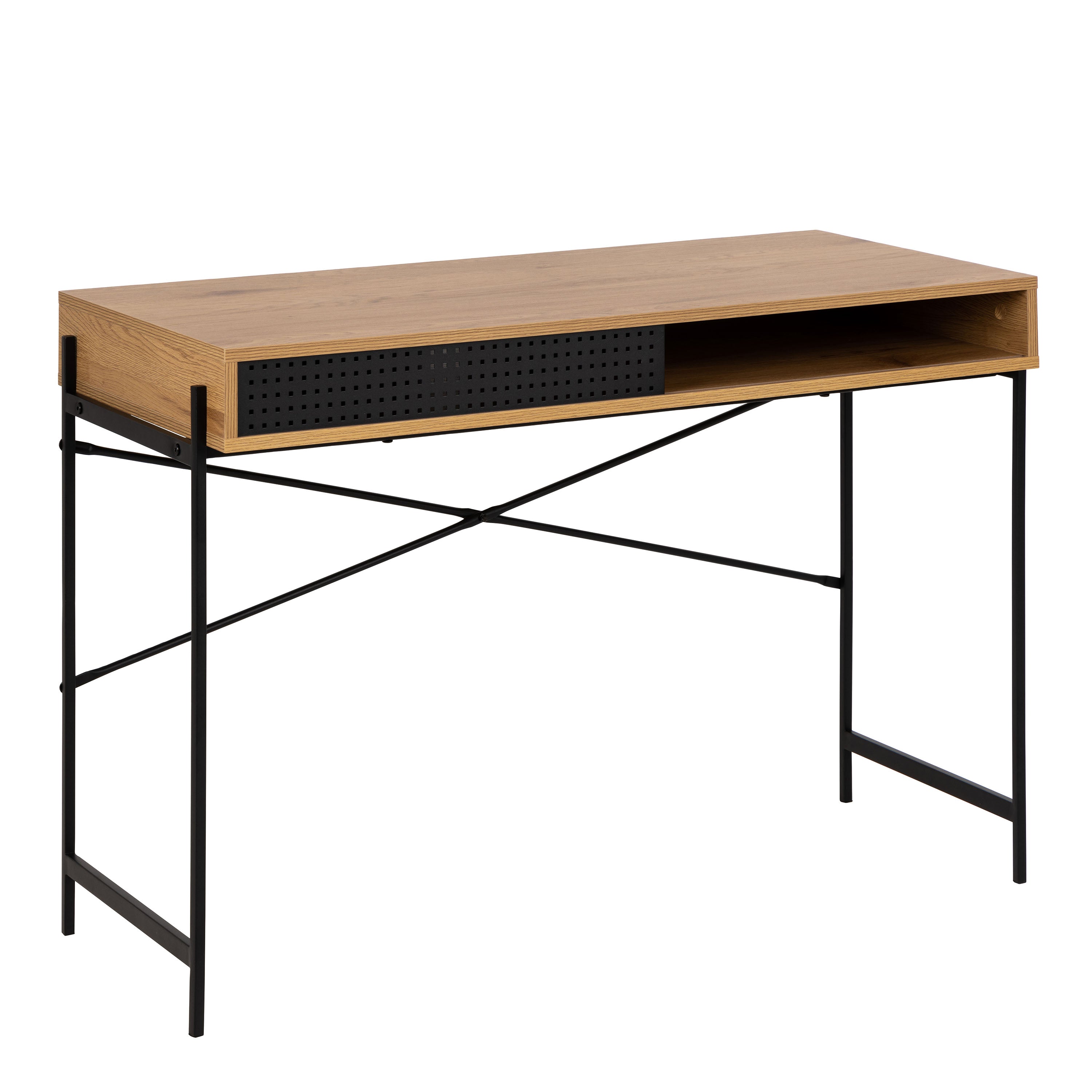 Angus Office Desk with Sliding Door in Oak & Black – FTG