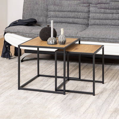 Seaford Black Metal Nest of Tables with Oak Top – FTG, view 4