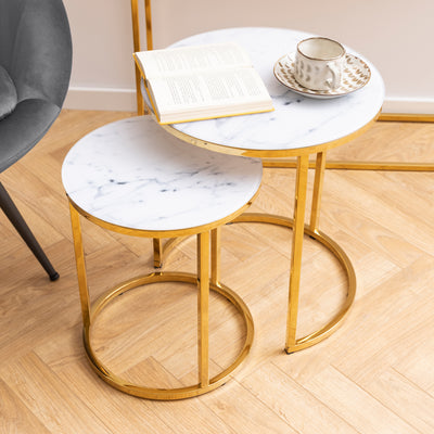 Alisma Nest of 2 Tables with White Marble Glass & Gold Base