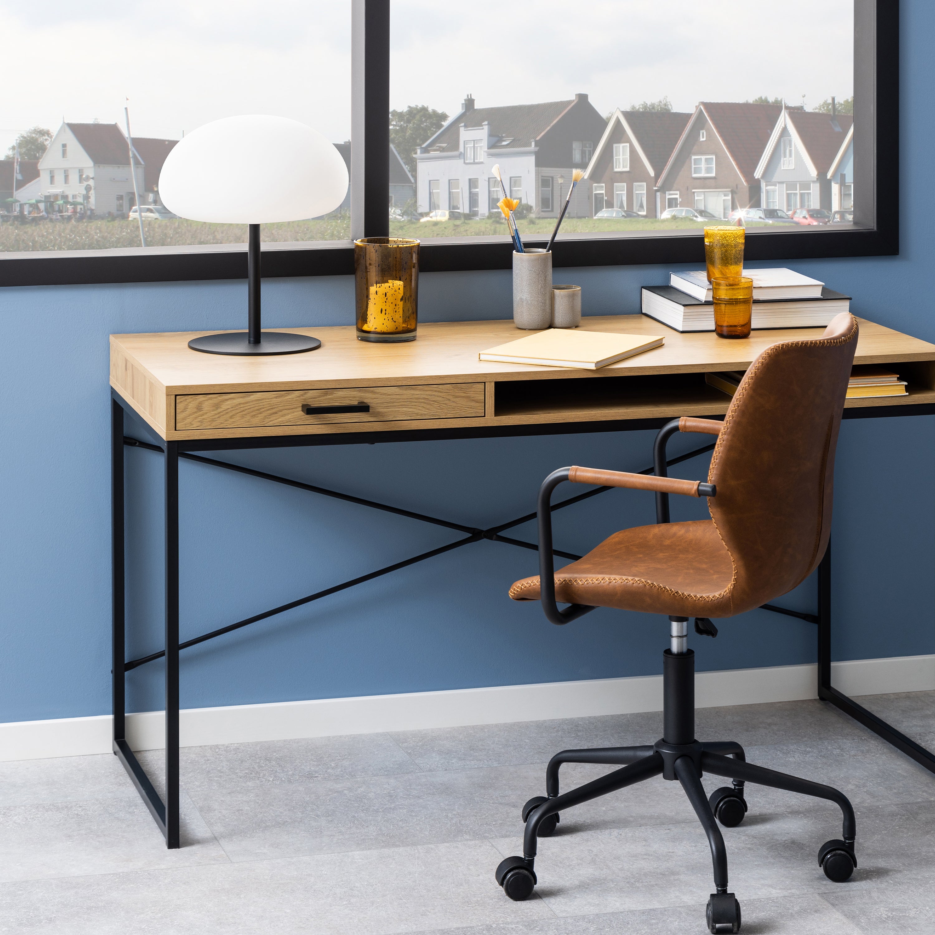 Seaford Office Desk with 1 Drawer in Black and Oak – FTG, view 5