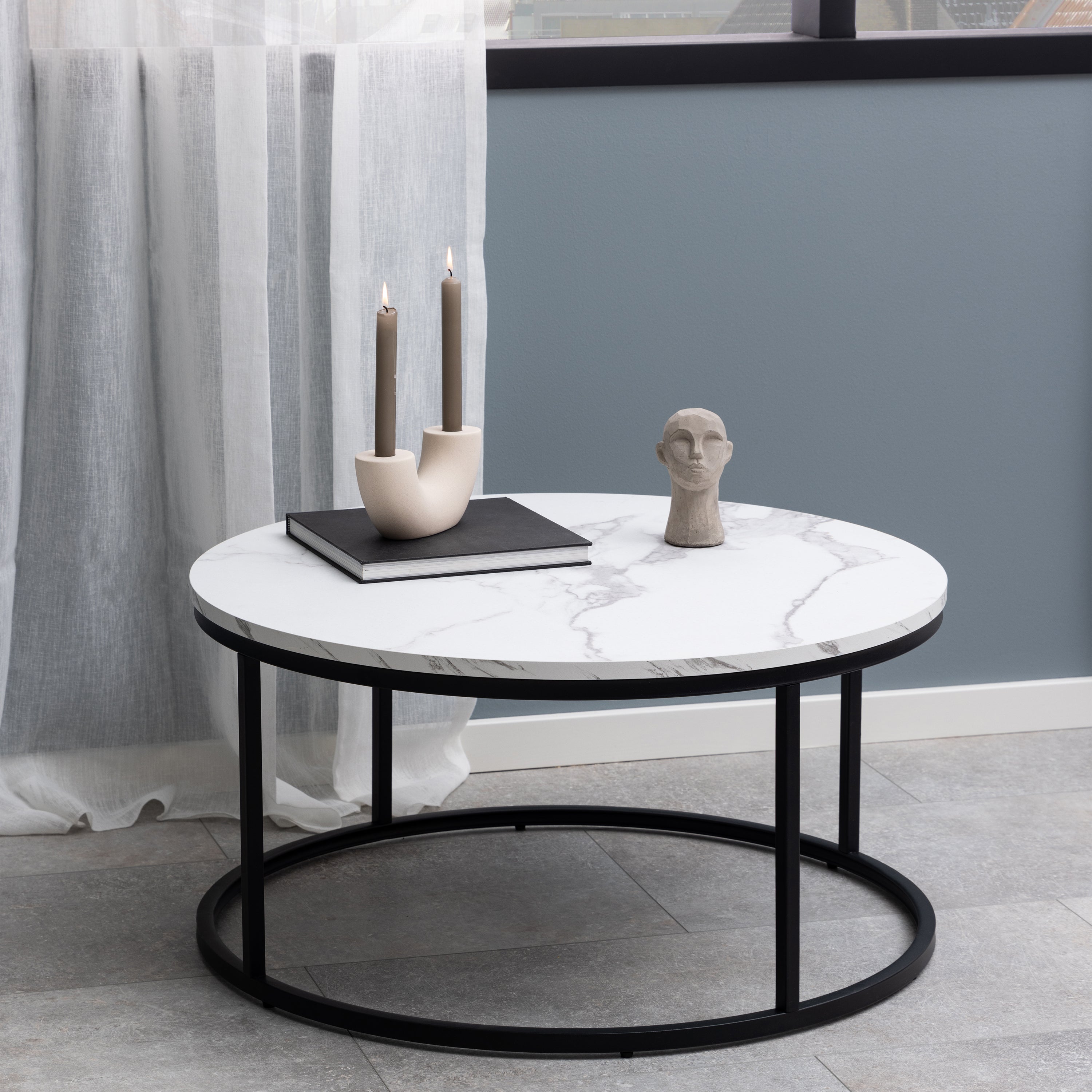 Spiro Coffee Table with White Marble Melamine Top & Black Legs – FTG, view 3
