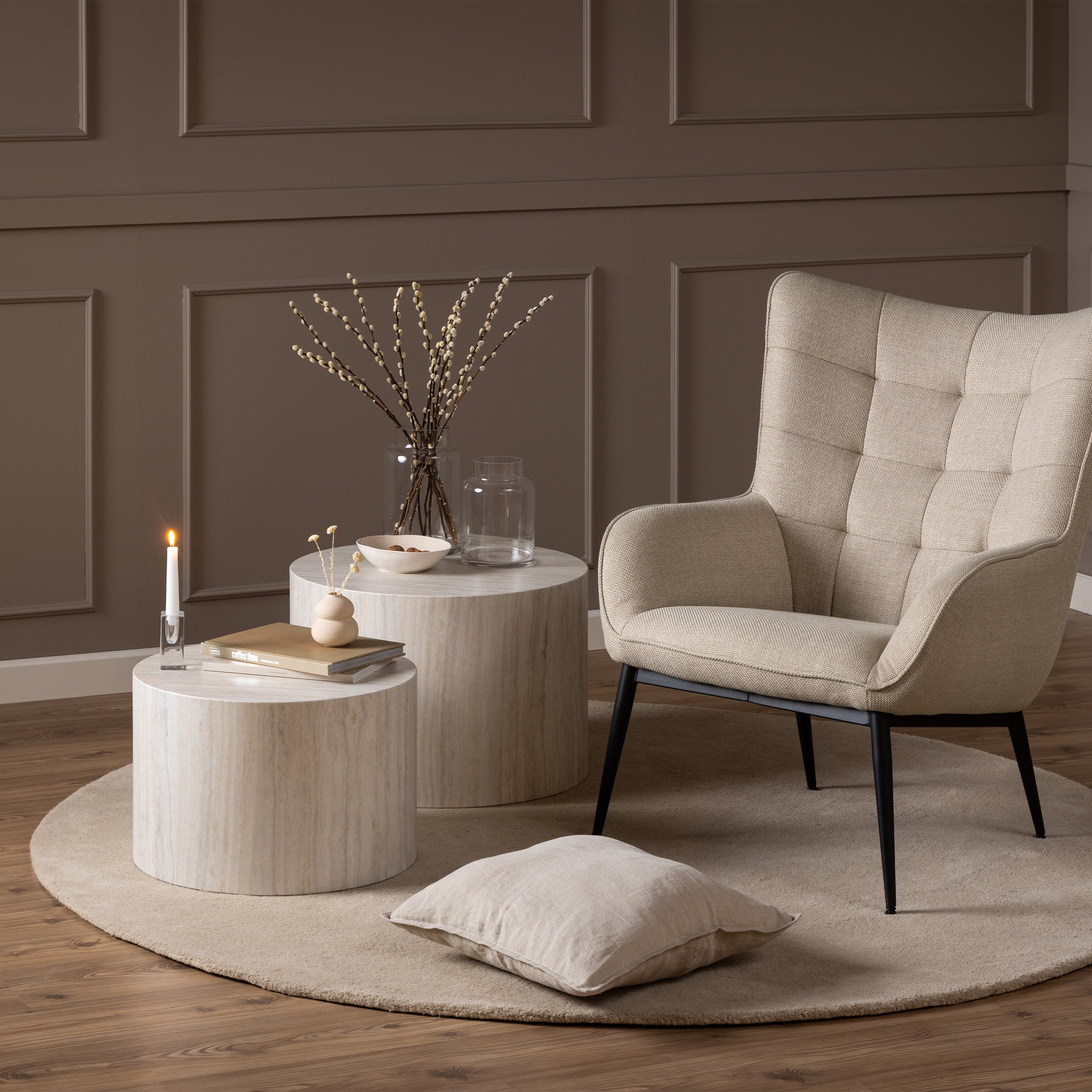 Dice Round Coffee Table Set in Light Travertine Effect – FTG, view 7