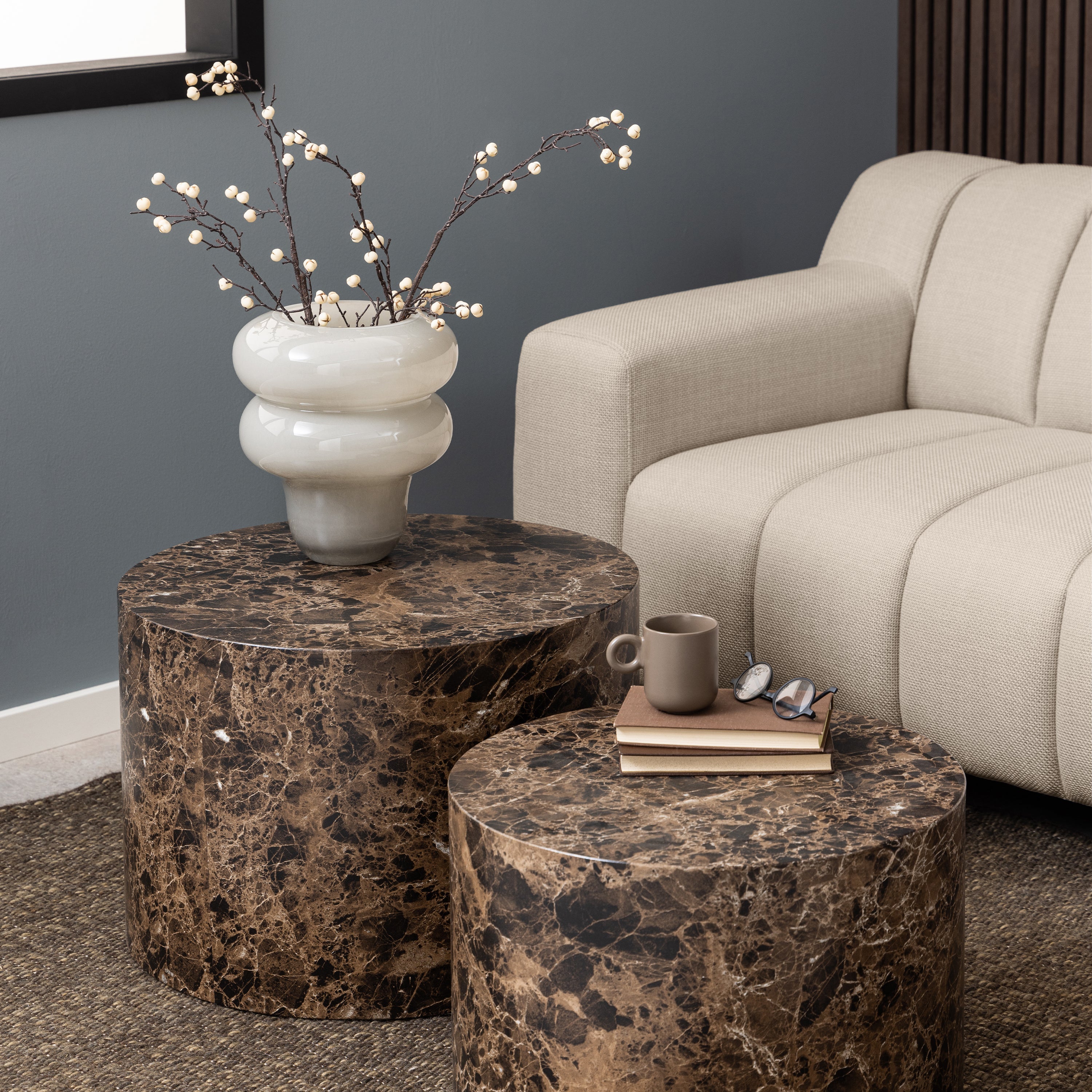 Dice Round Coffee Table Set of 2 in Brown Marble and Delhi Rough Paper – FTG, view 4