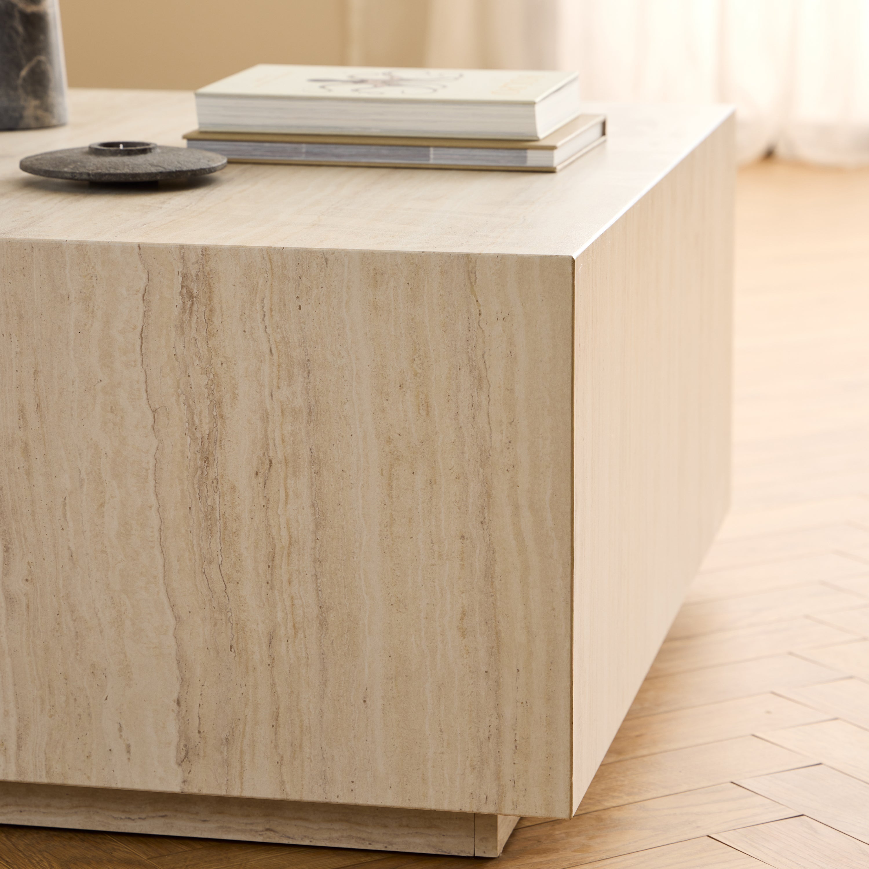 Dice Square Coffee Table in Light Travertine Effect 90x90x42cm – FTG, view 4