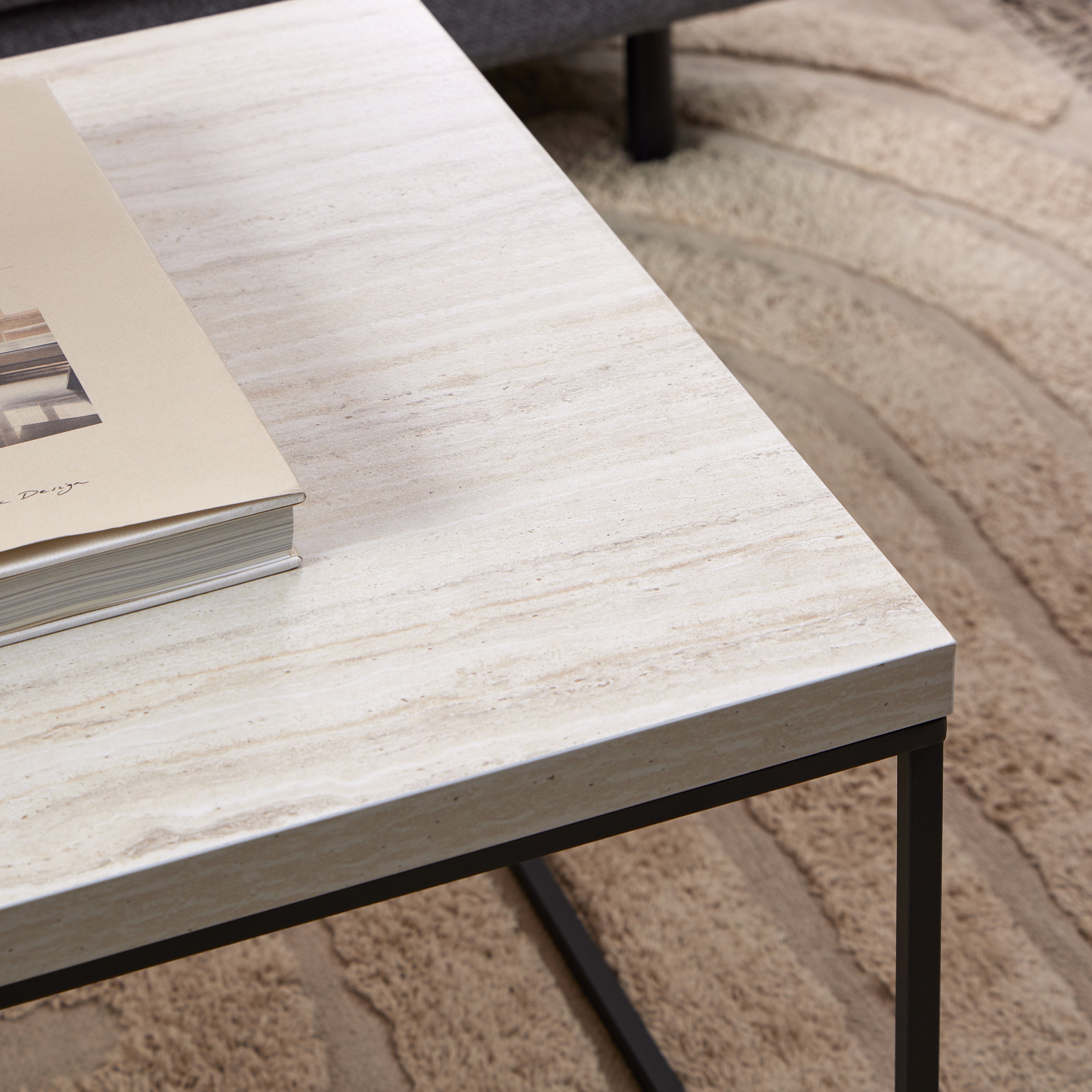 Barossa Coffee Table with Travertine Rough Paper Top & Black Powder Steel Base 110x55x45cm – FTG, view 4