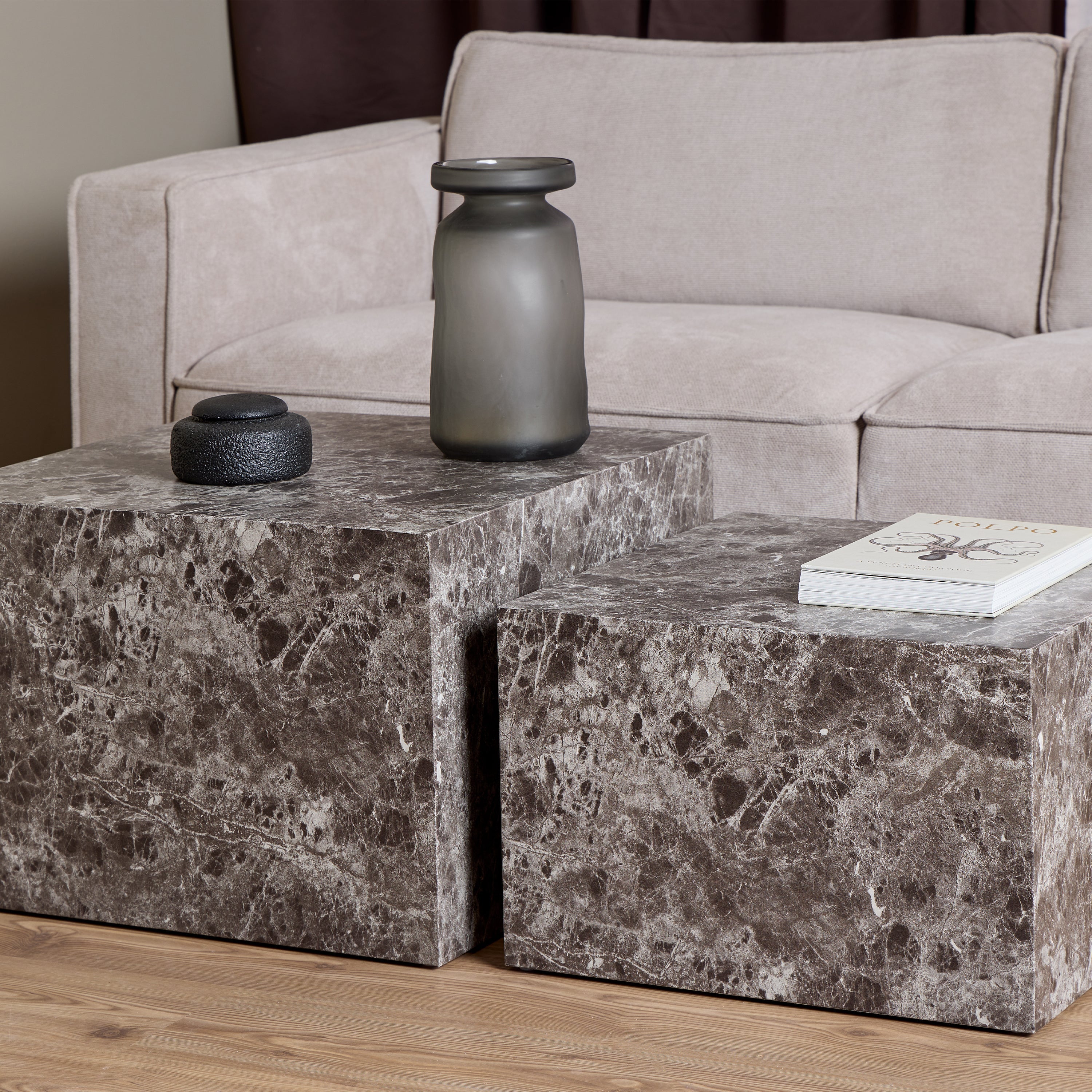 Dice Square Coffee Table Set in Light Brown Emperador Rough Paper – FTG, view 4