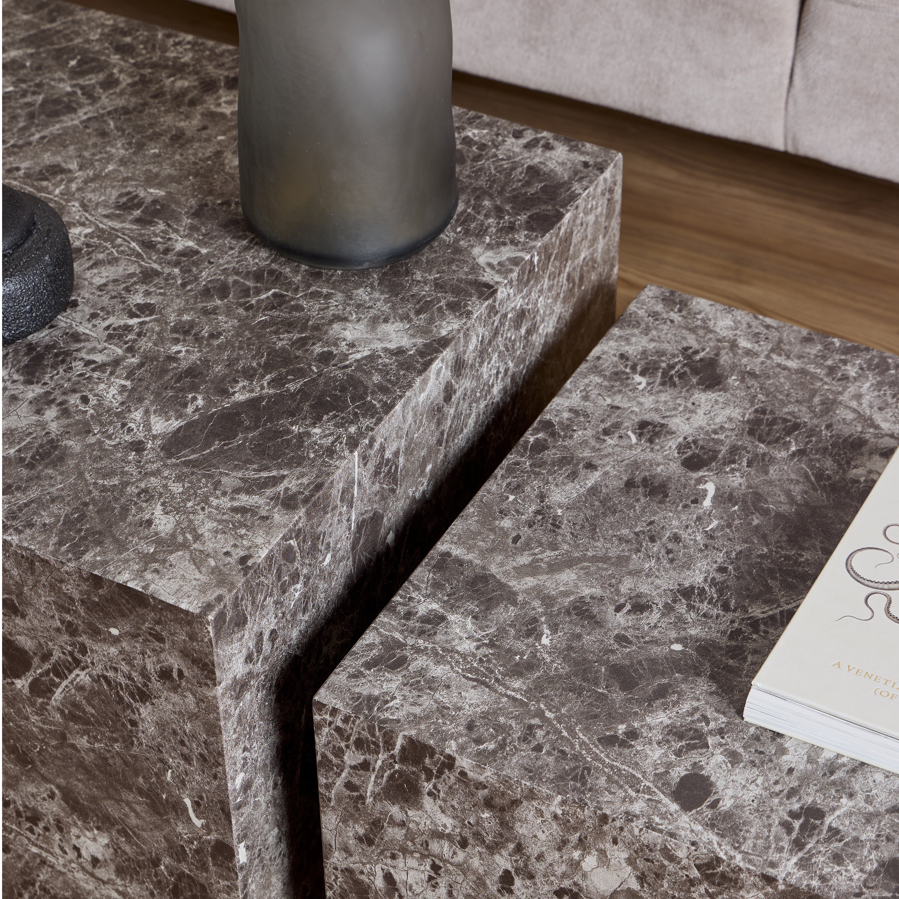 Dice Square Coffee Table Set in Light Brown Emperador Rough Paper – FTG, view 5