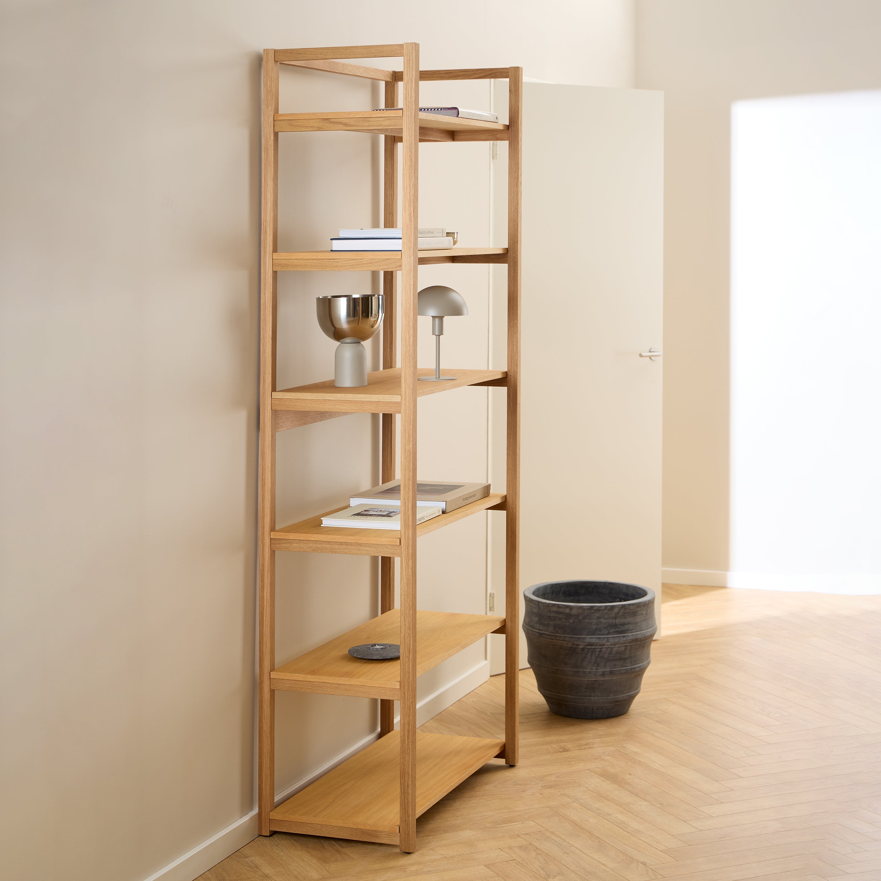 Ludza Rectangular Bookcase With 6 Shelves in Oak – FTG, view 4