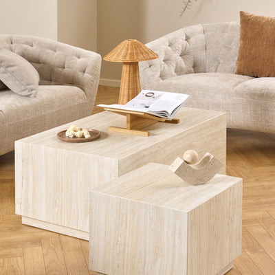 Dice Square and Rectangular Coffee Table Set of 2 in Travertine Rough Paper Effect – FTG, view 5