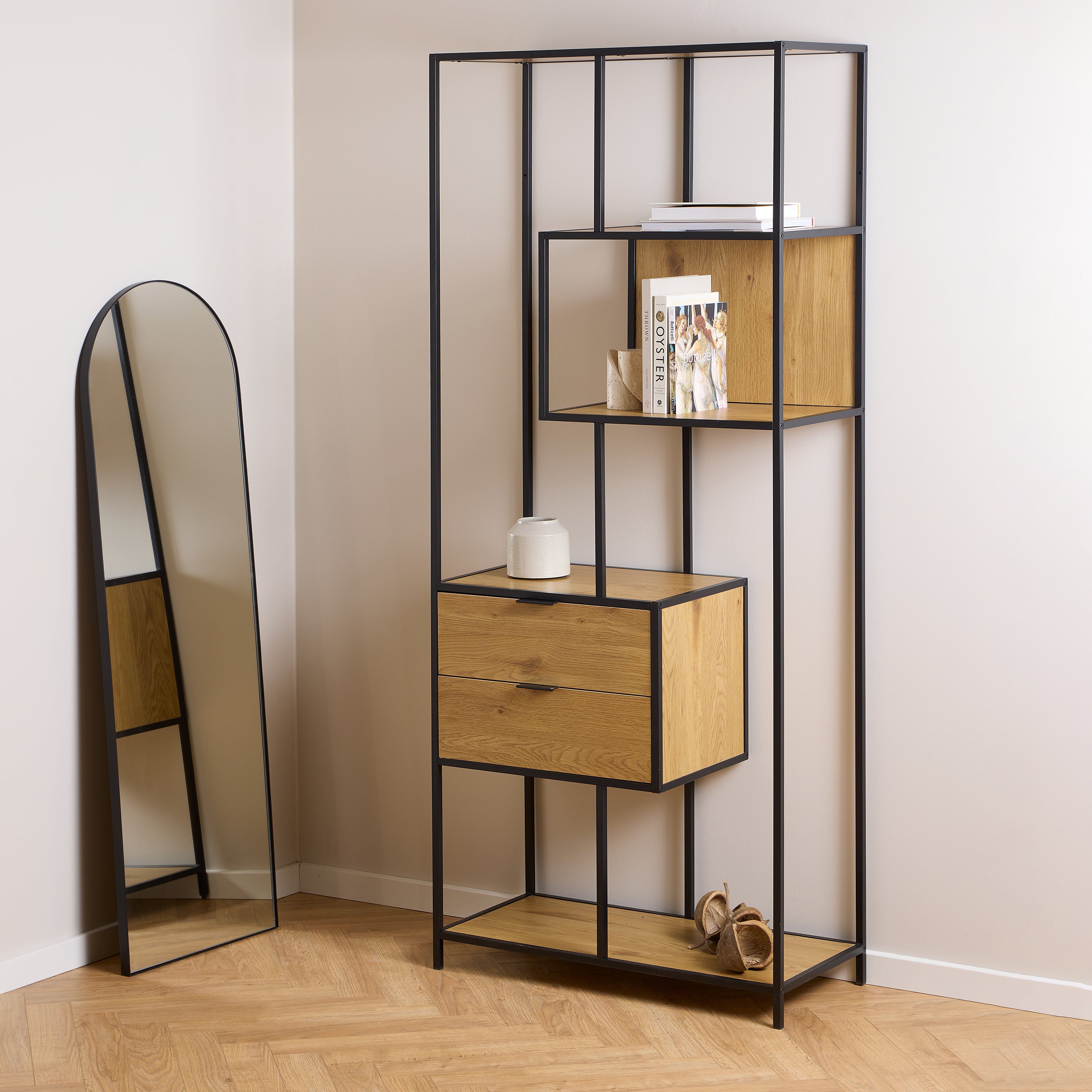 Seaford Tall Wild Oak Metal 2 Drawer Bookcase With 4 Shelves – FTG, view 5