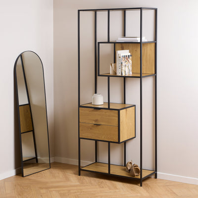 Seaford Tall Wild Oak Metal 2 Drawer Bookcase With 4 Shelves – FTG, view 5