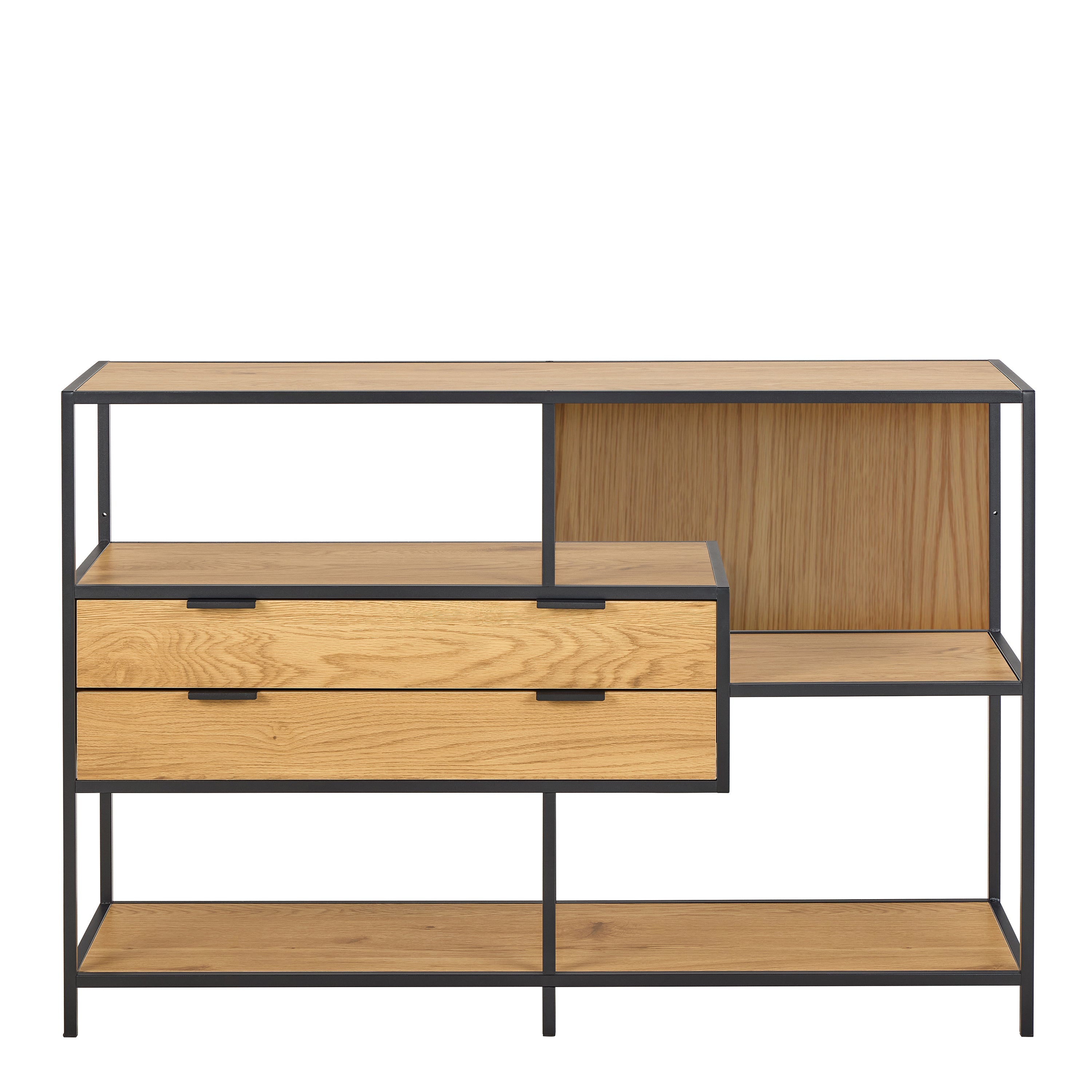 Seaford Wide Oak Metal Bookcase 2 Drawers and 3 Shelves in Matt Wild Oak – FTG, view 2