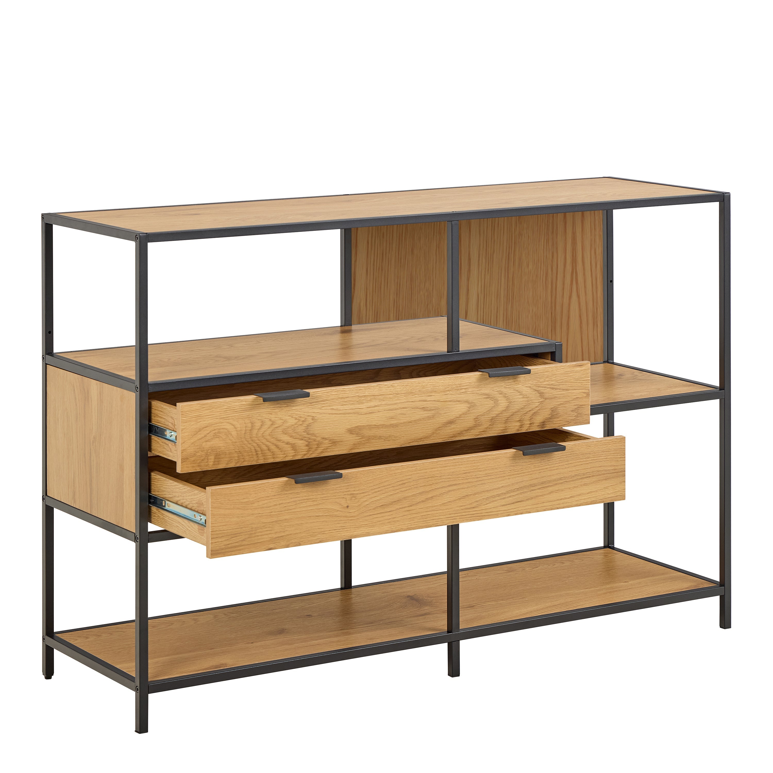 Seaford Wide Oak Metal Bookcase 2 Drawers and 3 Shelves in Matt Wild Oak – FTG, view 4
