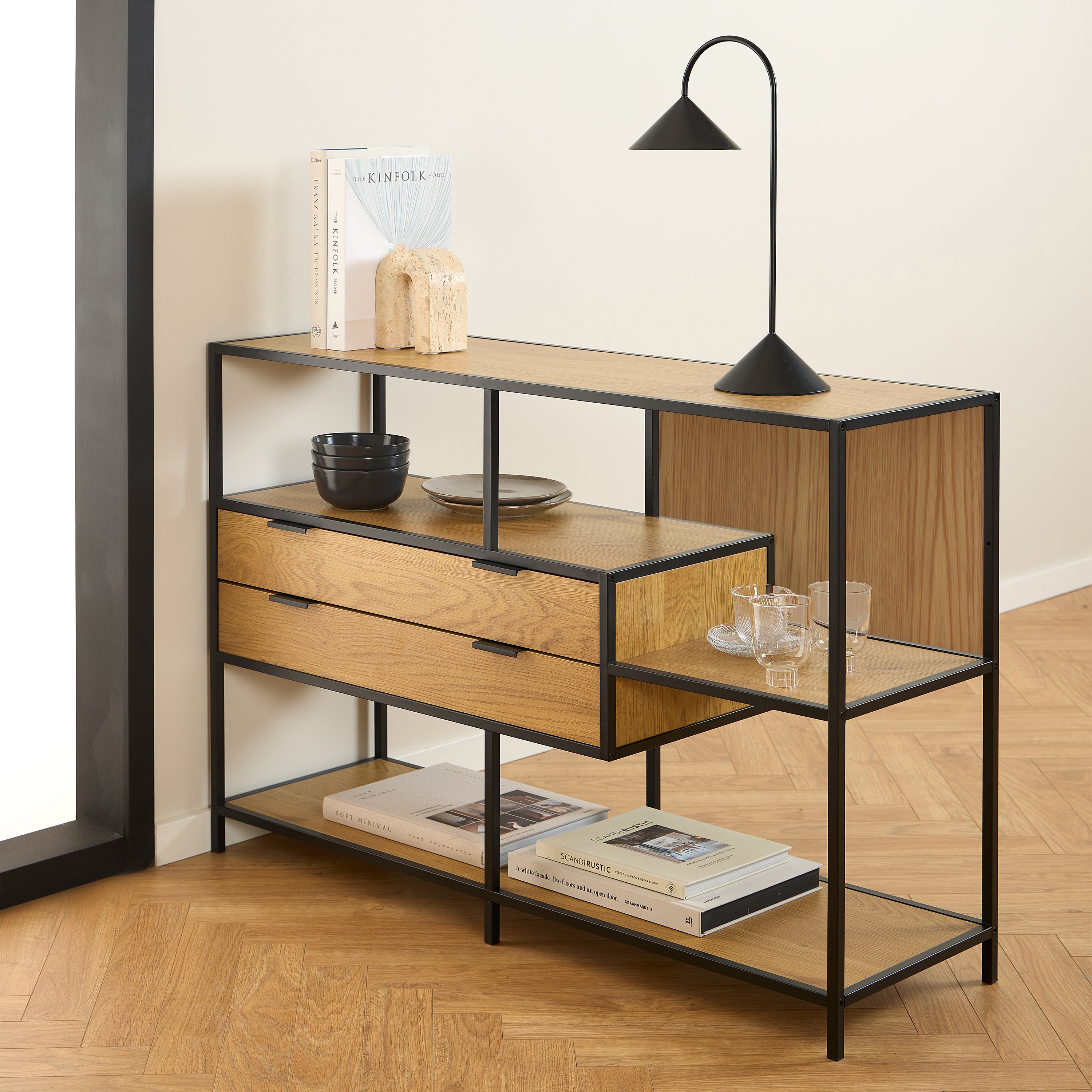 Seaford Wide Oak Metal Bookcase 2 Drawers and 3 Shelves in Matt Wild Oak – FTG, view 7