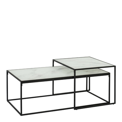 Bolton Coffee Table Set with White Crystal Clear Marble Torino Glass Top & Black Legs – FTG