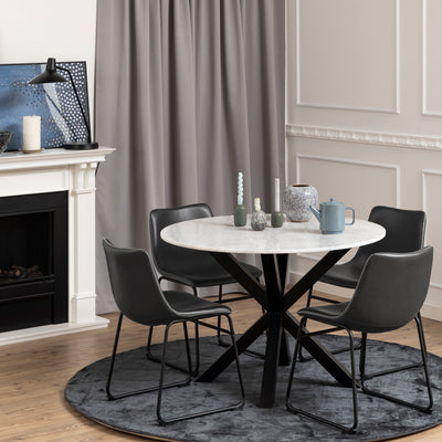 Heaven Round Dining Table with White Polished Marble Top Included 4 I_Oregon Dining Chair In Black with Cream Stitching, –…