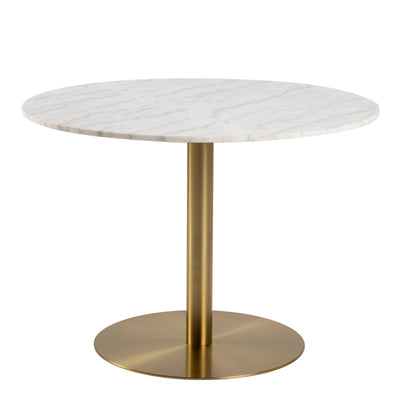 Corby Round Dining Table with White Polished Marble Top & Gold Base inc 4 Brooke Dining Chairs with Armrests in Monza Beige