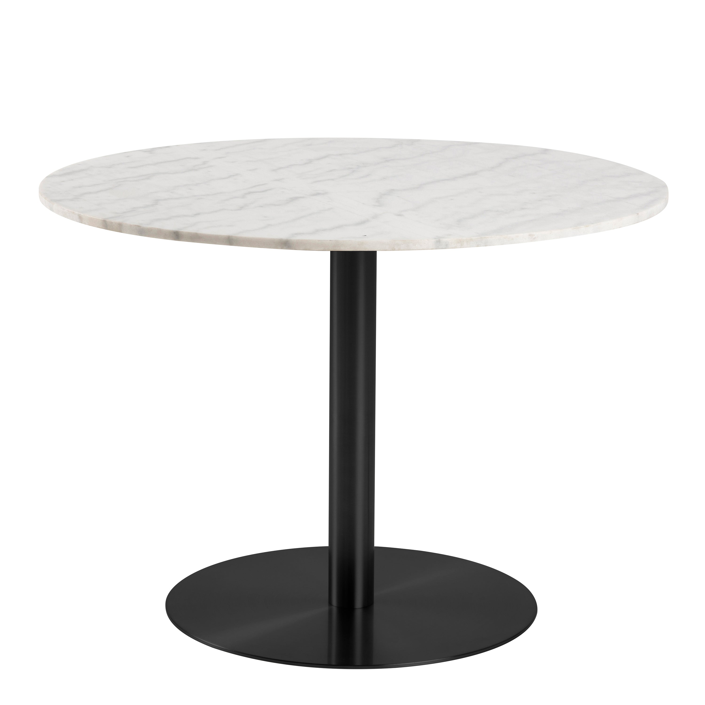 Corby Round Dining Table with White Polished Marble Top & Black Base includes 4 Batilda Dining Chairs in Copper