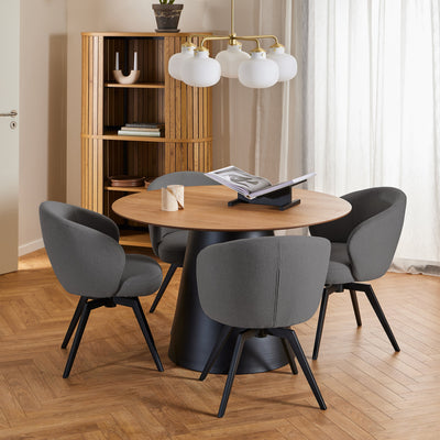 Soli Round Dining Table in Oak/Black 120x75cm Included 4 Darlene Dining Chair with Armrest and Swivel Function in Grey – FTG