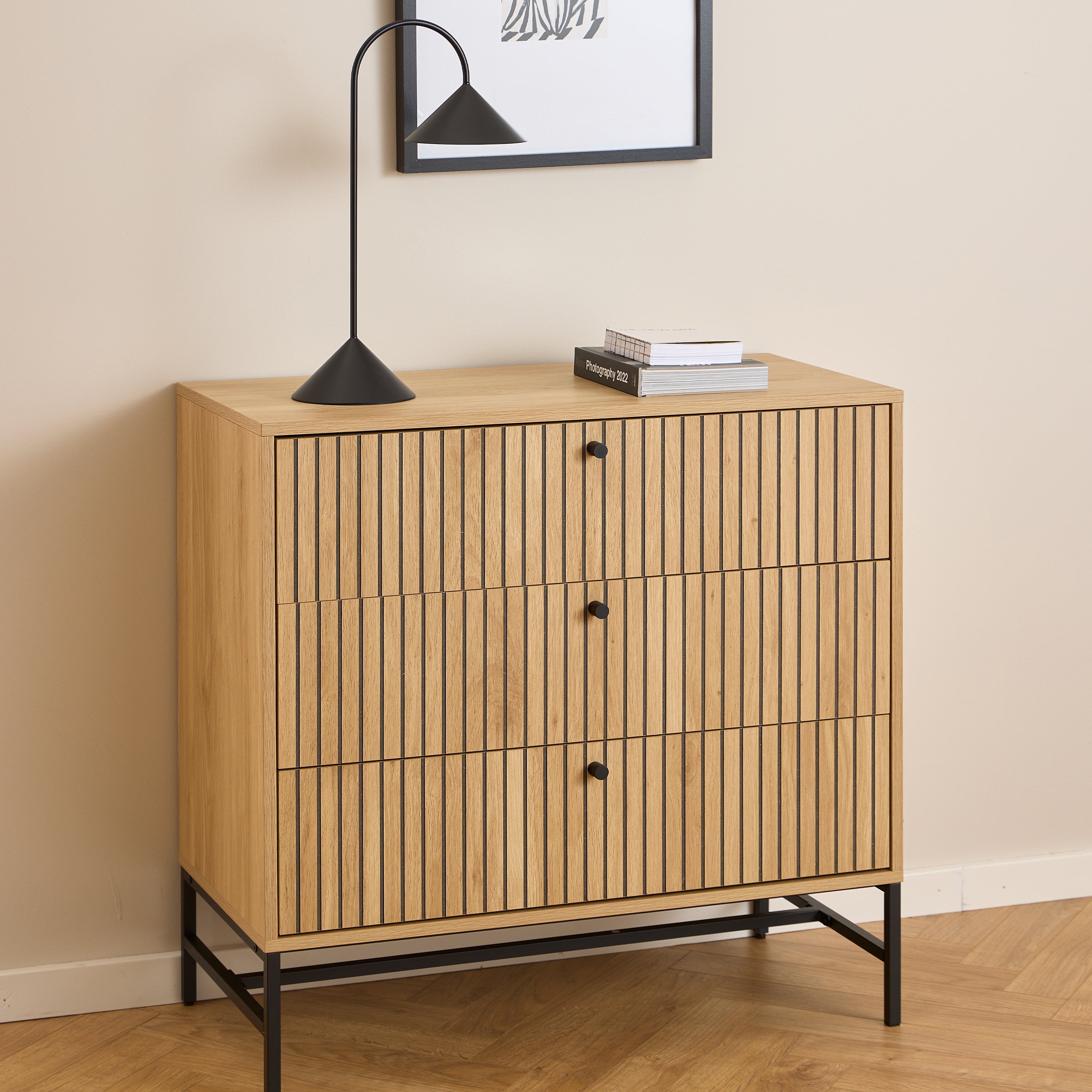 Albany Chest of 3 Drawers in Oak/Black Legs – FTG, view 6