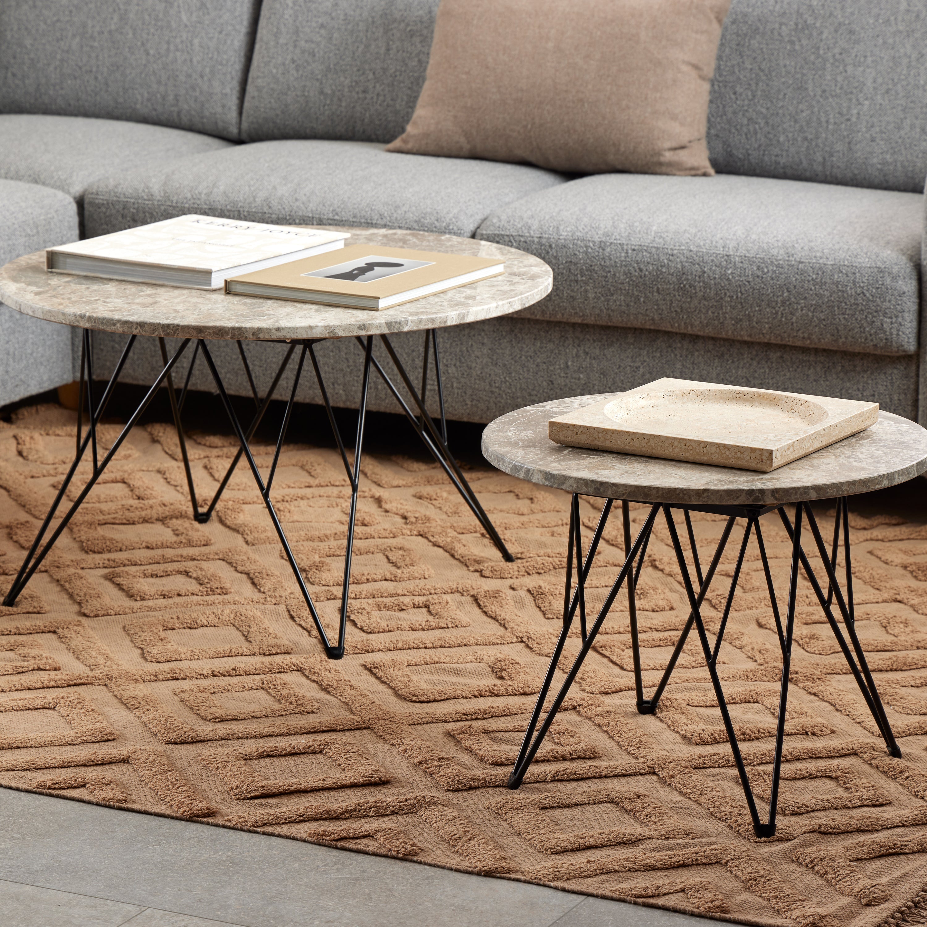 Prunus Round Coffee Table in Brown Marble and Matt Black Coated Steel Base 80x46.4cm – FTG, view 4