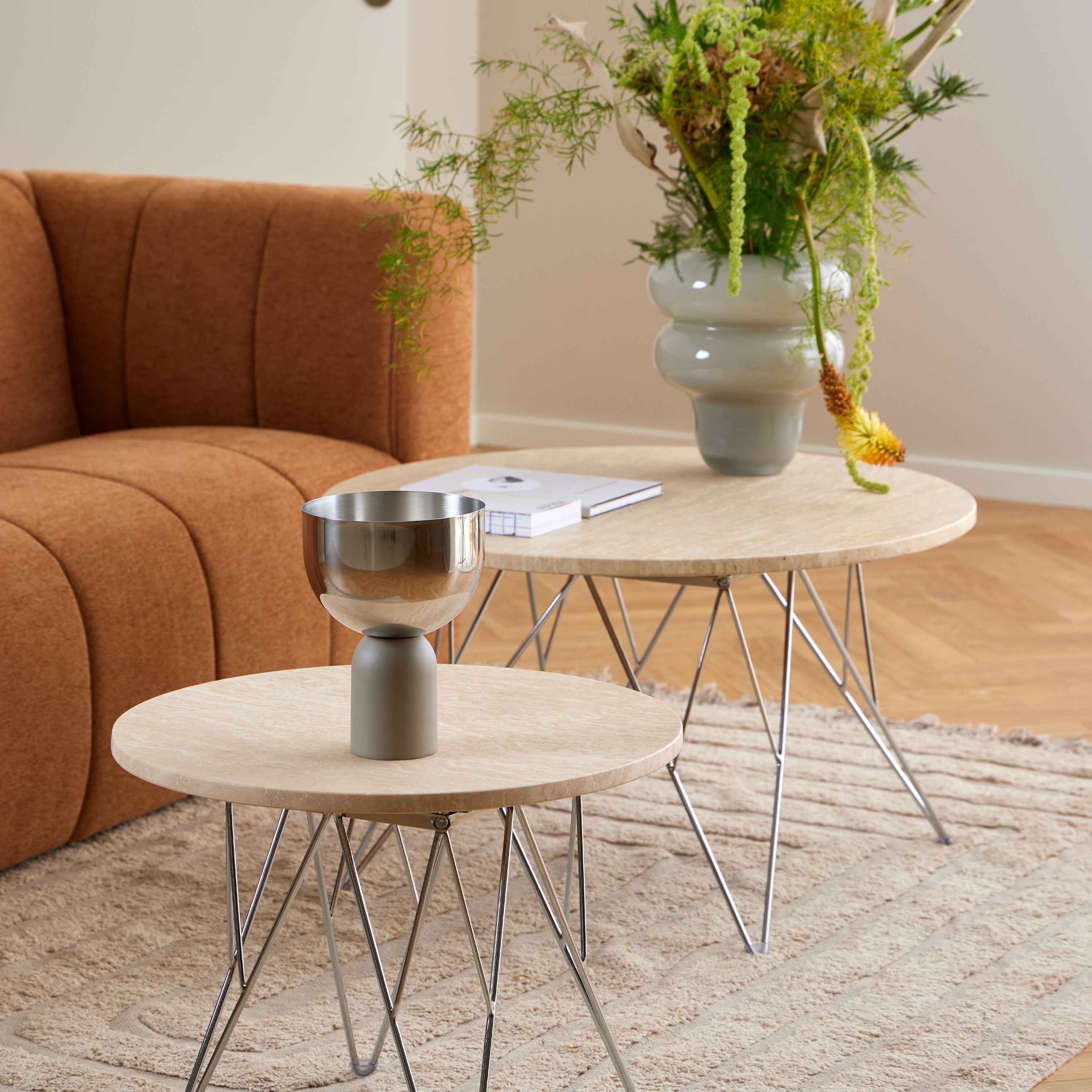 Prunus Round Coffee Table in Matt Beige and Chrome Steel Base 80x46.4cm – FTG, view 4