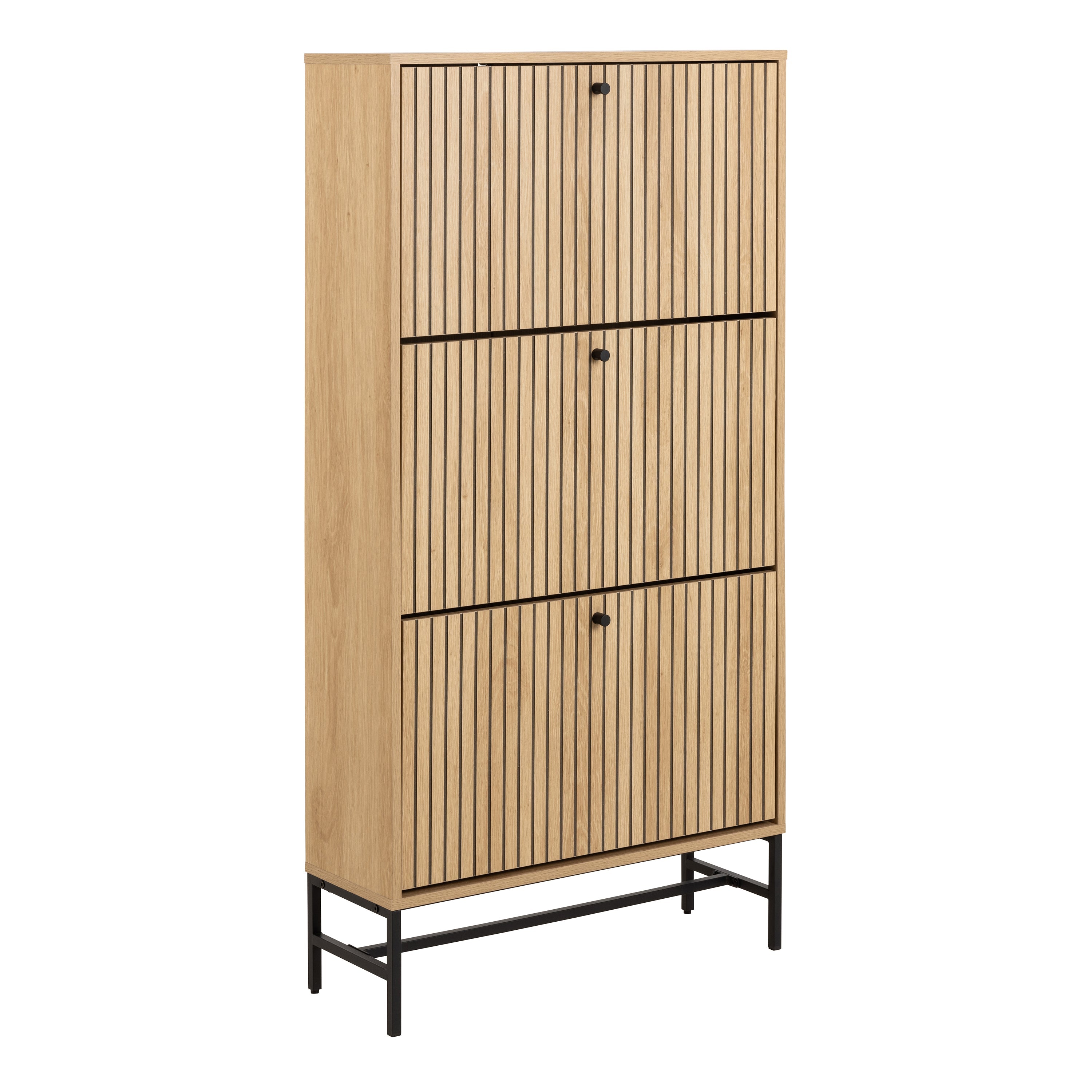 Albany Shoe Cabinet 3 Flip Down Doors in Oak/Black Legs – FTG