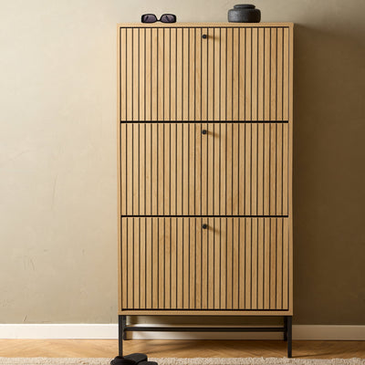 Albany Shoe Cabinet 3 Flip Down Doors in Oak/Black Legs – FTG, view 5
