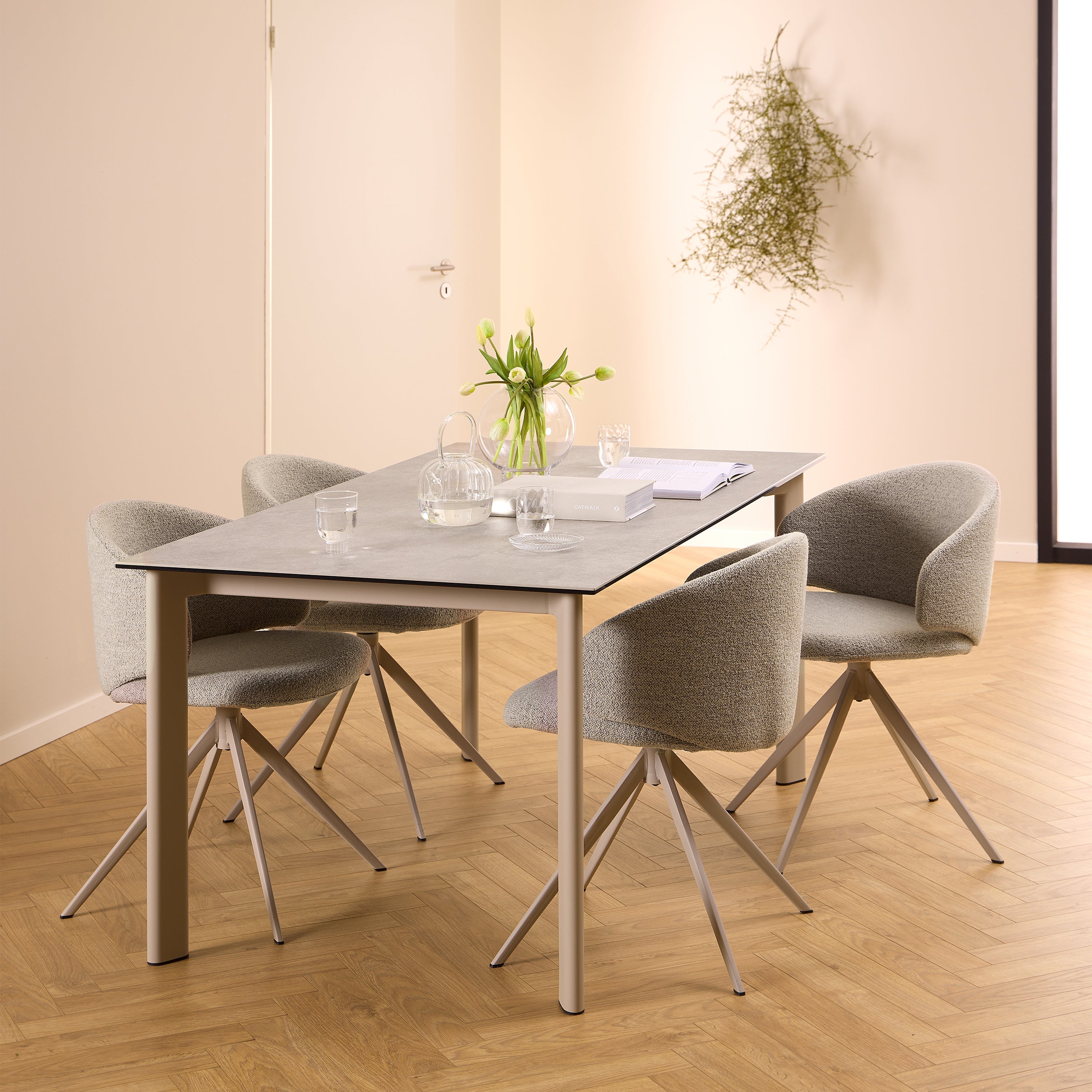 Palermo Ceramic Dining Table in Grey 160x75cm Included 4 Ella Swivel Beige Dining Chairs – FTG