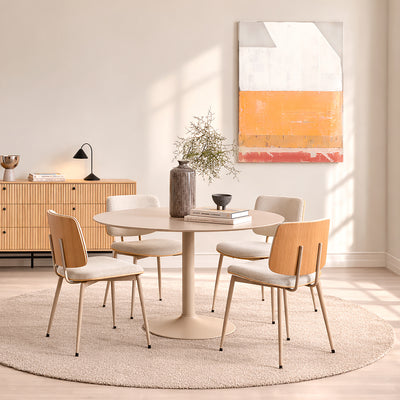 Ibiza Round Beige Dining Table with 4 Owen Dining Chairs in Beige