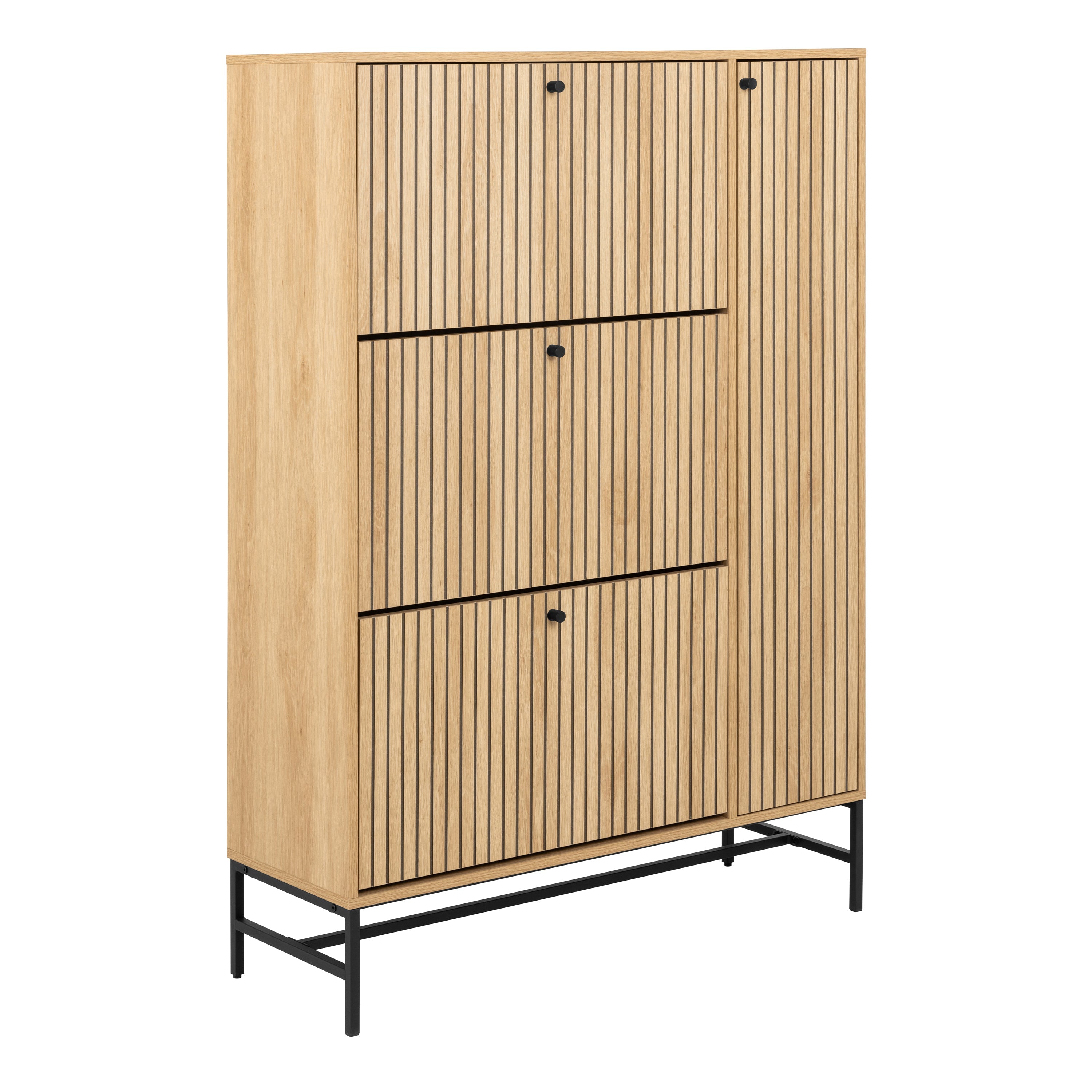 Albany Shoe Cabinet 3 Flip Down Doors 1 Pull Open Door in Oak/Black Legs – FTG