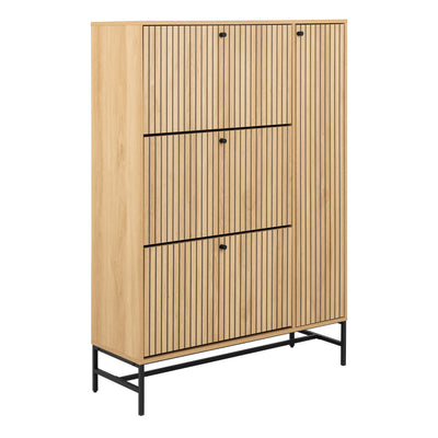 Albany Shoe Cabinet 3 Flip Down Doors 1 Pull Open Door in Oak/Black Legs – FTG