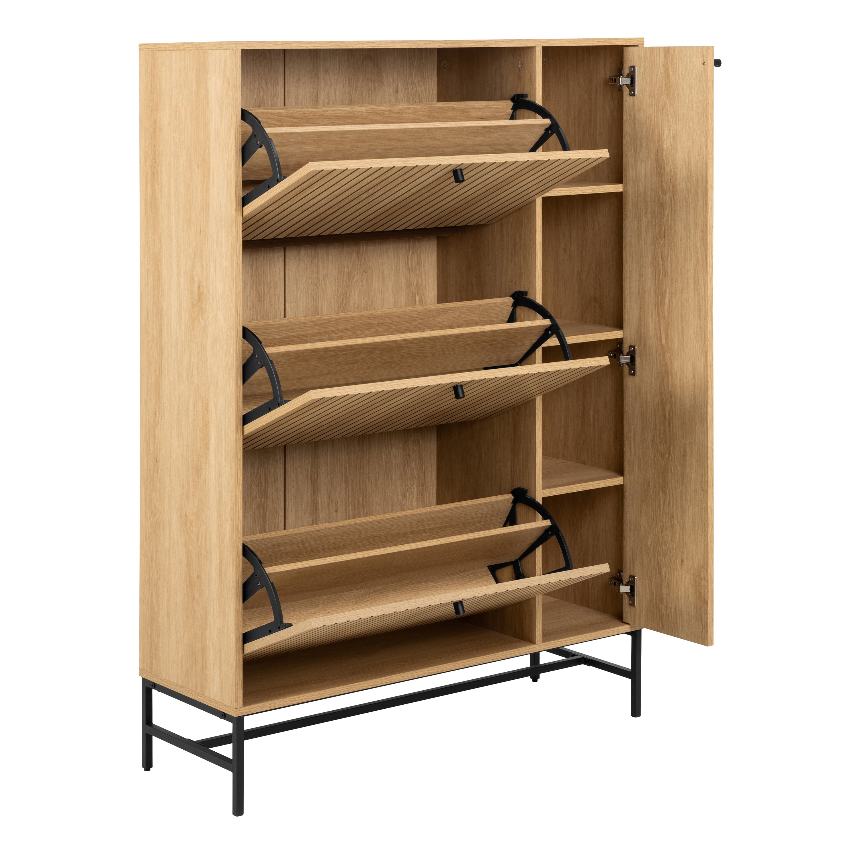 Albany Shoe Cabinet 3 Flip Down Doors 1 Pull Open Door in Oak/Black Legs – FTG, view 4