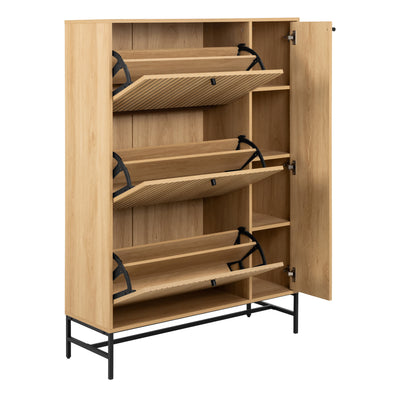 Albany Shoe Cabinet 3 Flip Down Doors 1 Pull Open Door in Oak/Black Legs – FTG, view 4