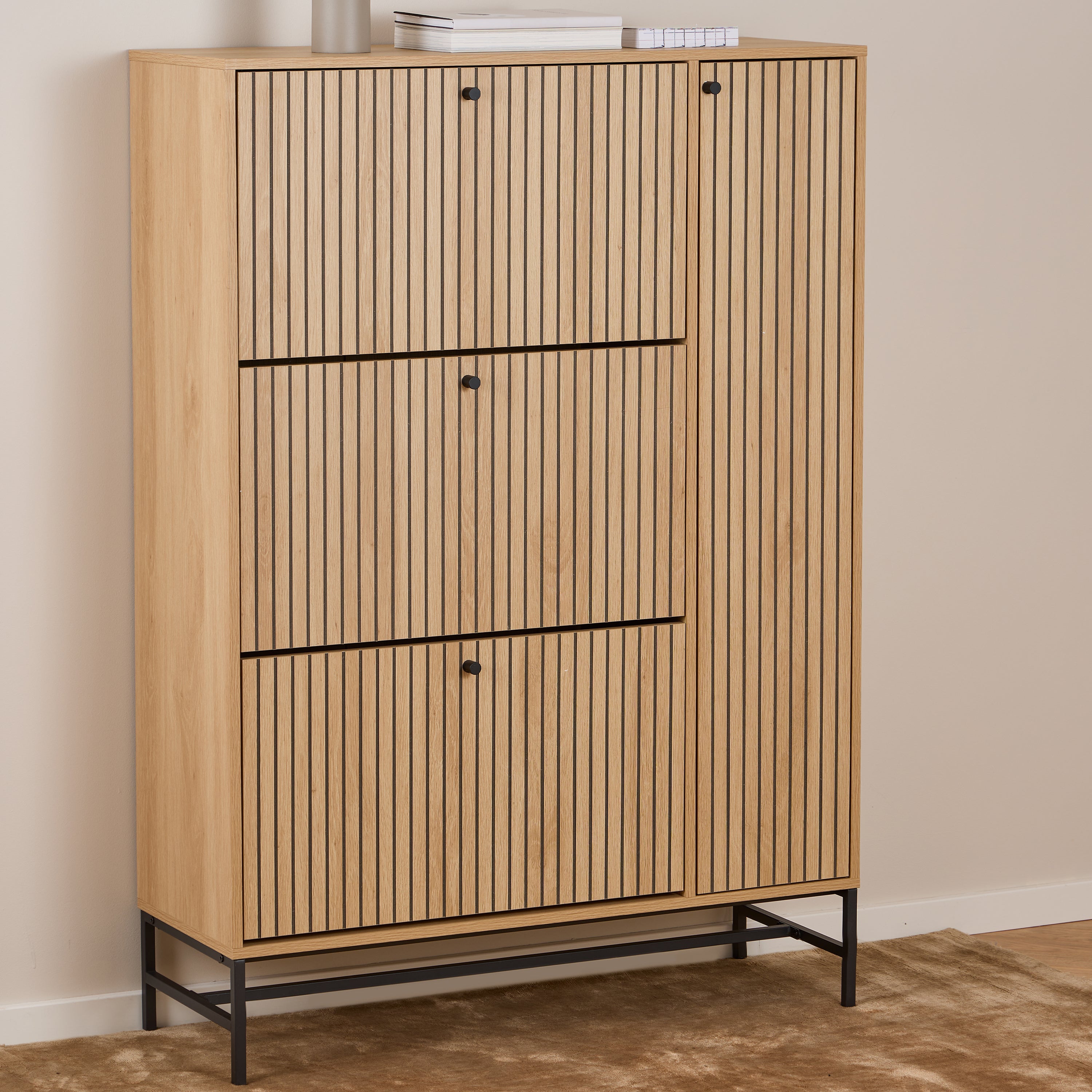 Albany Shoe Cabinet 3 Flip Down Doors 1 Pull Open Door in Oak/Black Legs – FTG, view 5