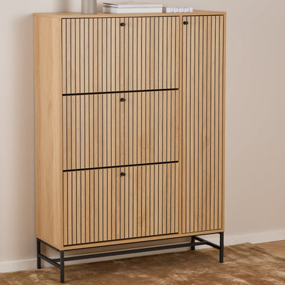 Albany Shoe Cabinet 3 Flip Down Doors 1 Pull Open Door in Oak/Black Legs – FTG, view 5