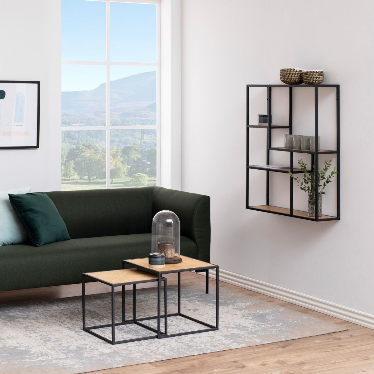 Seaford Black Metal Wide Wall Shelf with 3 Additional Oak Shelves – FTG, view 7
