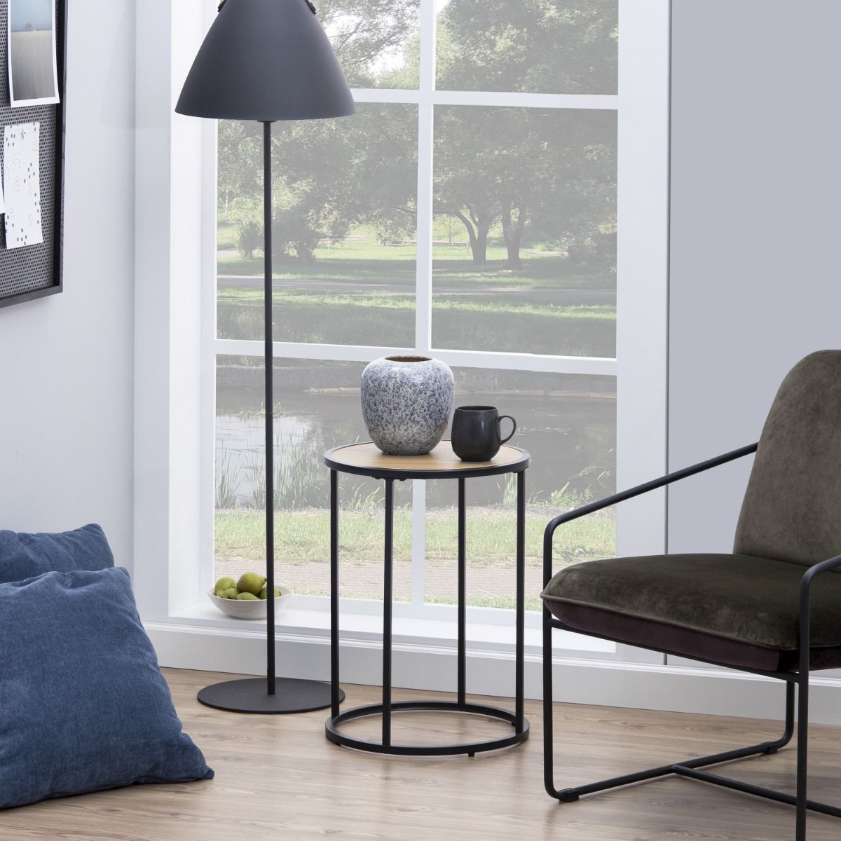 Seaford Black Metal Small Round Side Table with Oak Top – FTG, view 3