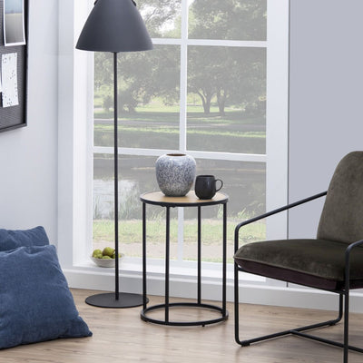 Seaford Black Metal Small Round Side Table with Oak Top – FTG, view 3