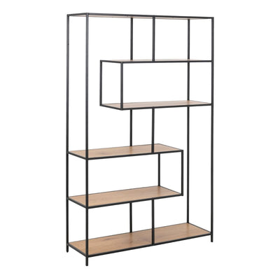 Seaford Black Metal Large Asymmetrical Bookcase with 5 Oak Shelves – FTG