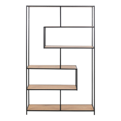 Seaford Black Metal Large Asymmetrical Bookcase with 5 Oak Shelves – FTG, view 3