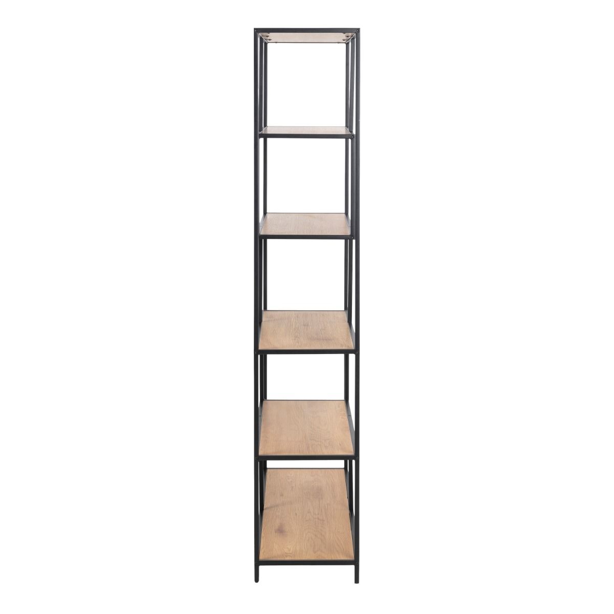 Seaford Black Metal Large Asymmetrical Bookcase with 5 Oak Shelves – FTG, view 4