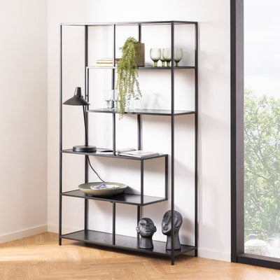 Seaford Black Metal Large Asymmetrical Bookcase with 5 Black Shelves – FTG, view 4