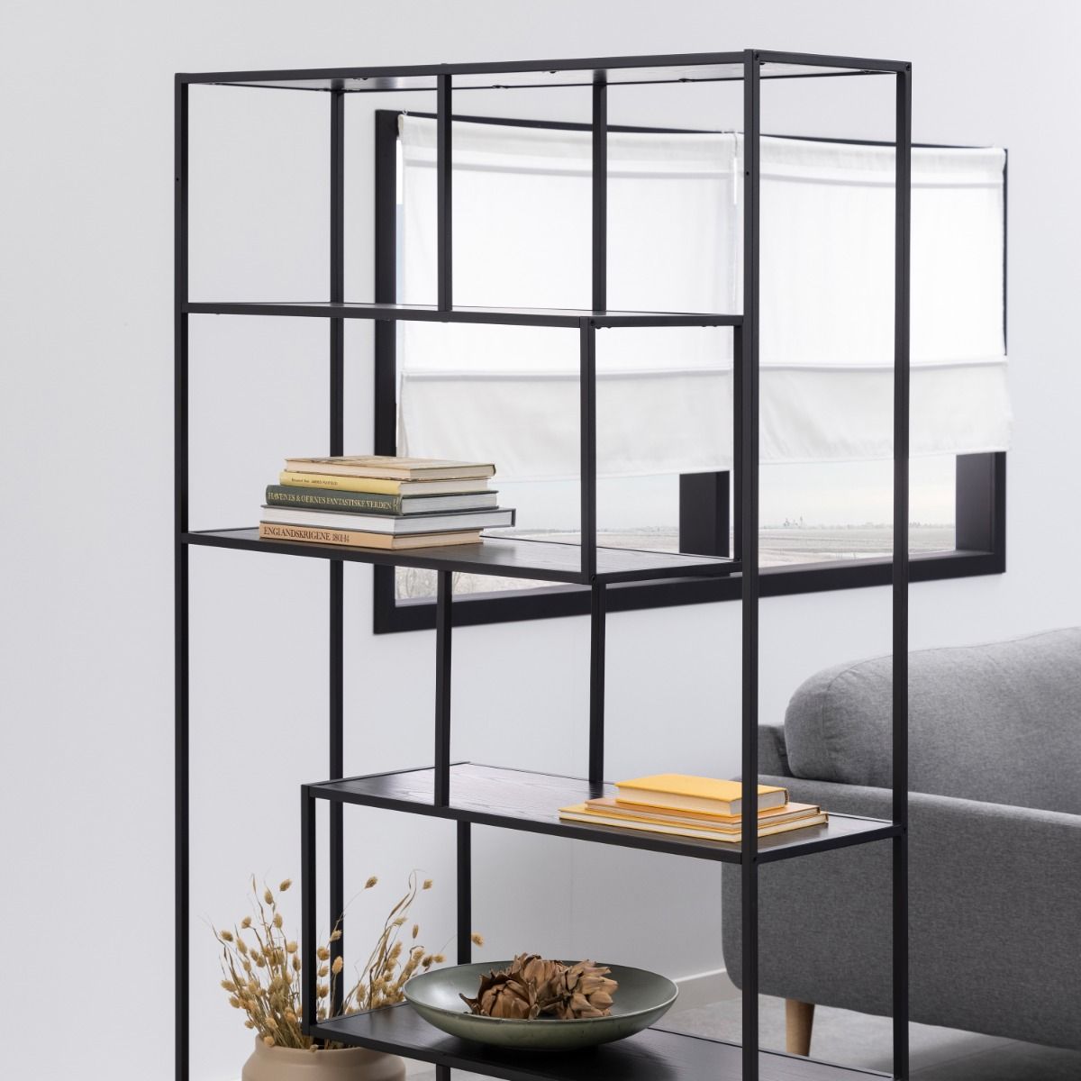 Seaford Black Metal Large Asymmetrical Bookcase with 5 Black Shelves – FTG, view 10