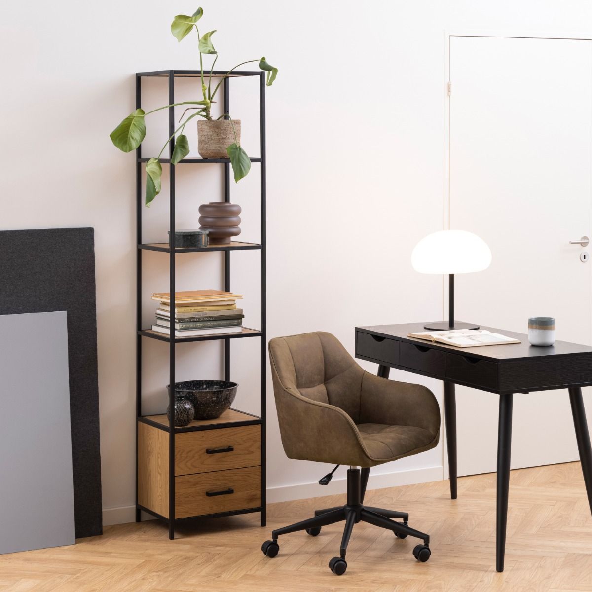 Seaford Bookcase with 2 Drawers and 3 Shelves in Black & Oak – FTG, view 8