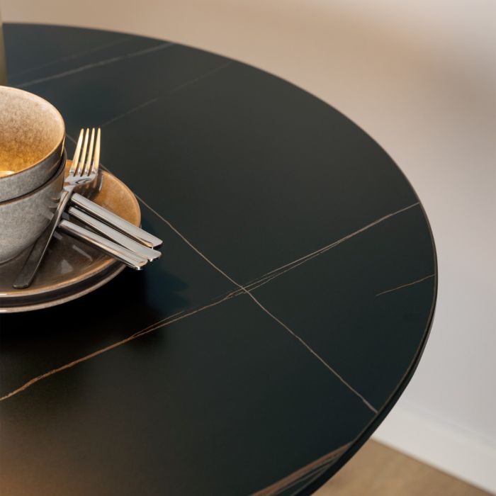 Malta Ceramic Round Dining Table in Black 90x75cm Included 4 Celia Dining Chair in Light Grey – FTG, view 3
