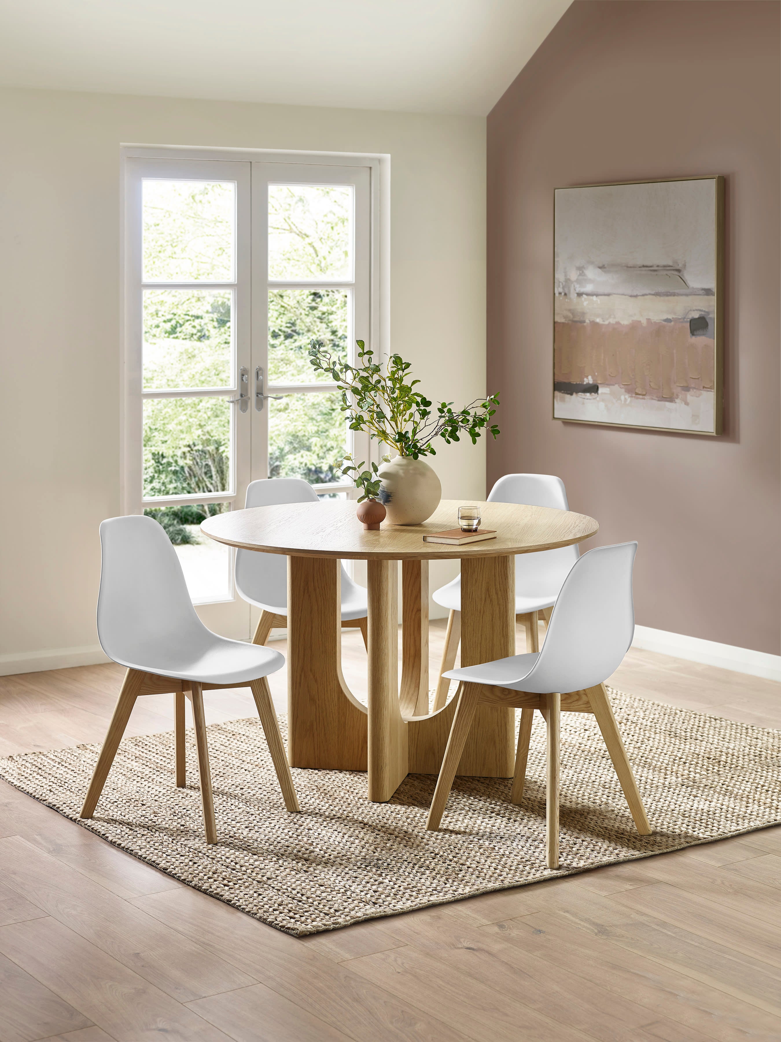 Set of 2 Agatha White Plastic Dining Chairs with Wooden Legs