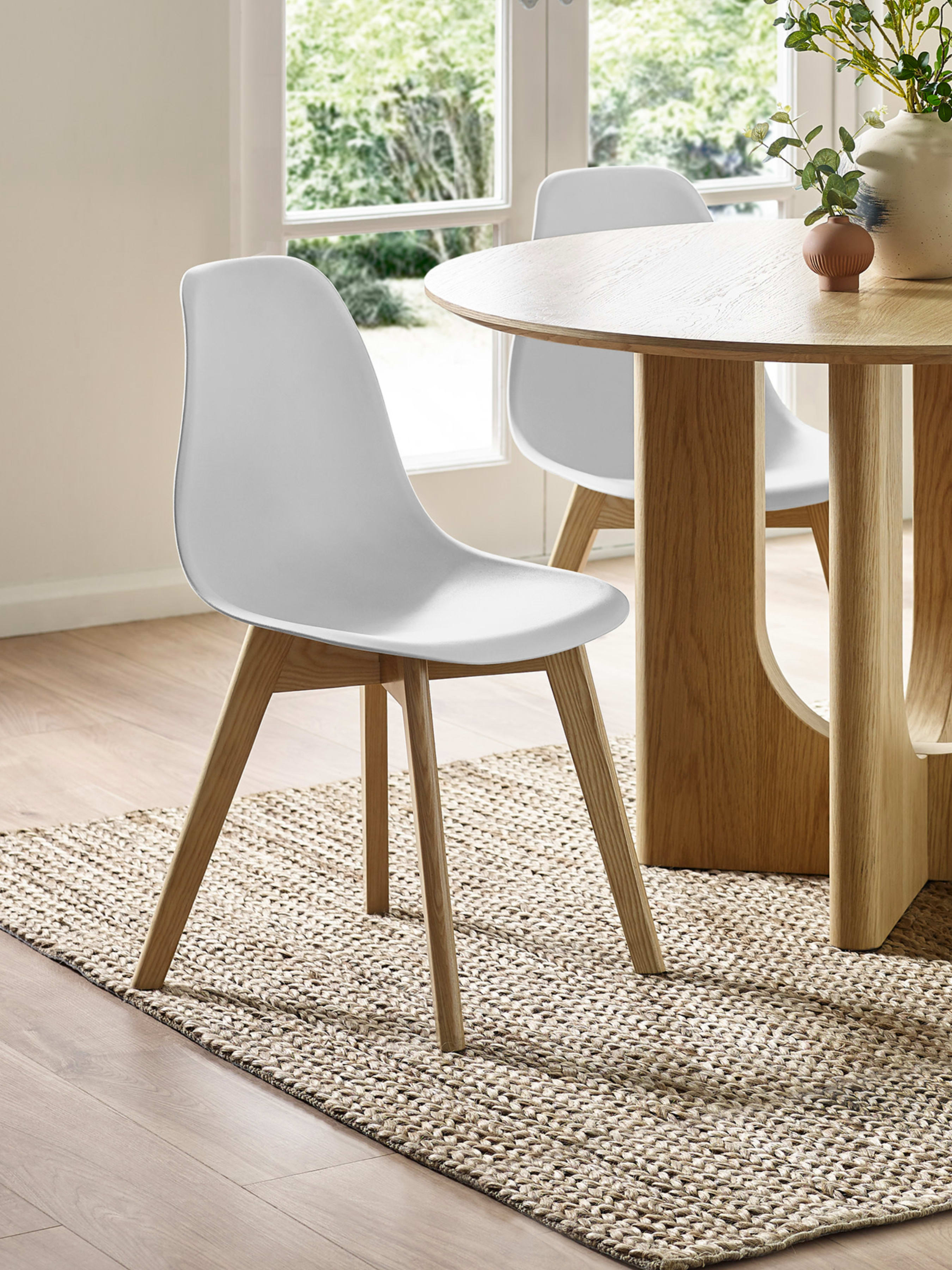 Set of 2 Agatha White Plastic Dining Chairs with Wooden Legs