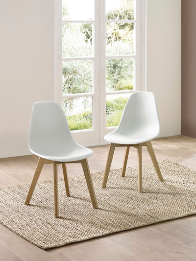 Set of 2 Agatha White Plastic Dining Chairs with Wooden Legs
