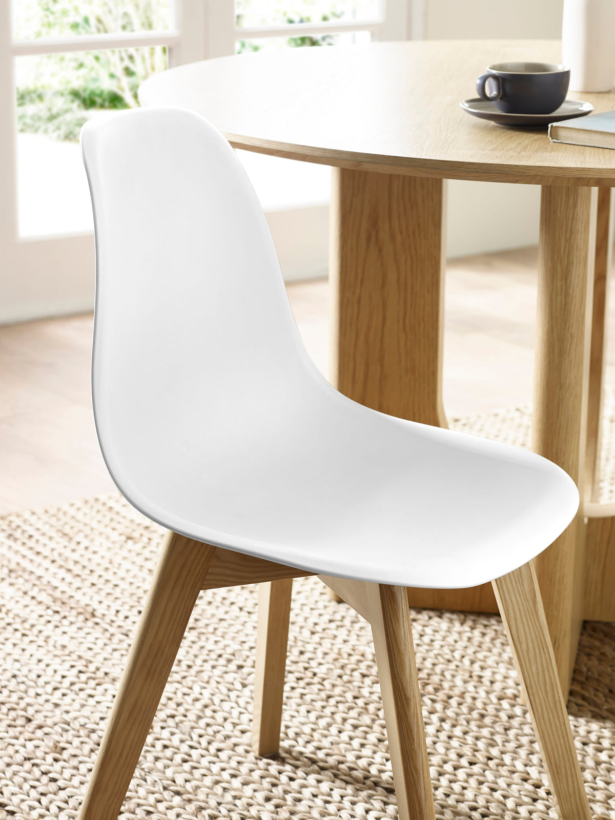 Set of 2 Agatha White Plastic Dining Chairs with Wooden Legs